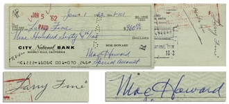 Moe Howard Check Signed to Larry Fine -- Endorsed by Larry on Verso -- Dated 1 January 1962 -- Very Good Condition
